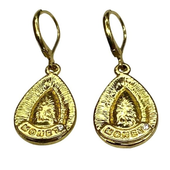 Monet Teardrop Dangle Earrings Gold Tone Crystal Inlay Signed - Picture 2 of 2